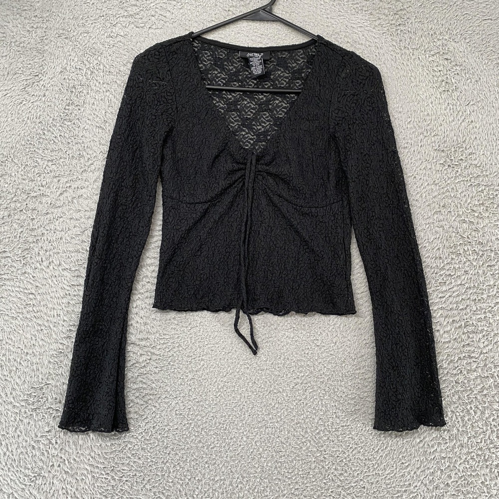 Just Polly Lace Top Womens S Babydoll Ruched Front Bell Sleeve Fairy Goth Y2K